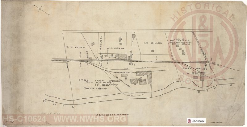 Plan Showing Etna Iron Works (OH), Sarah Furnace, Iron RR and S.V.&N.E. Railroads at City Limit of Ironton OH