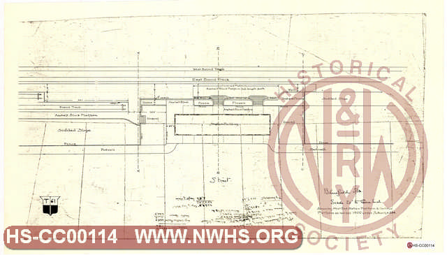 Top-down drawing of Bluefield station building and surroundings, showing west end platform and continue platform as revised 1900.