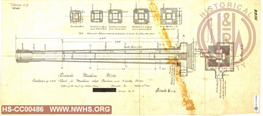 Sections of 140' Stack for Machine Shop Boilers, and Smithy Fires. Roanoke Machine Works