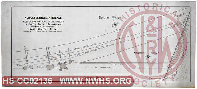 N&W Ry, Plan Showing Location of Buildings, Etc., Water Supply, Renick, MP 654, Ross County, Ohio