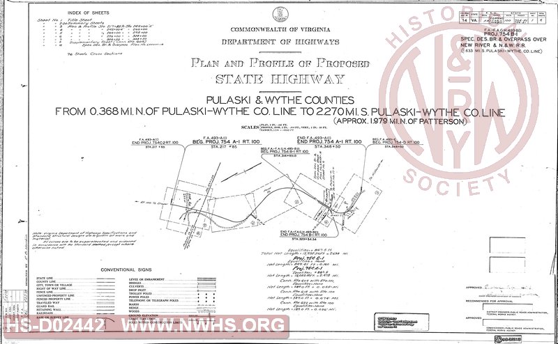 State Highway plan and profile for overhead bridge VA route 100 near Dora Jct., VA cover sheet