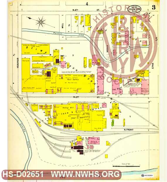Map of Ironton, Oh showing lots, streets industries, railroads etc. River Front St. and 4th streets Vesuvius to Etna St, page No. 3