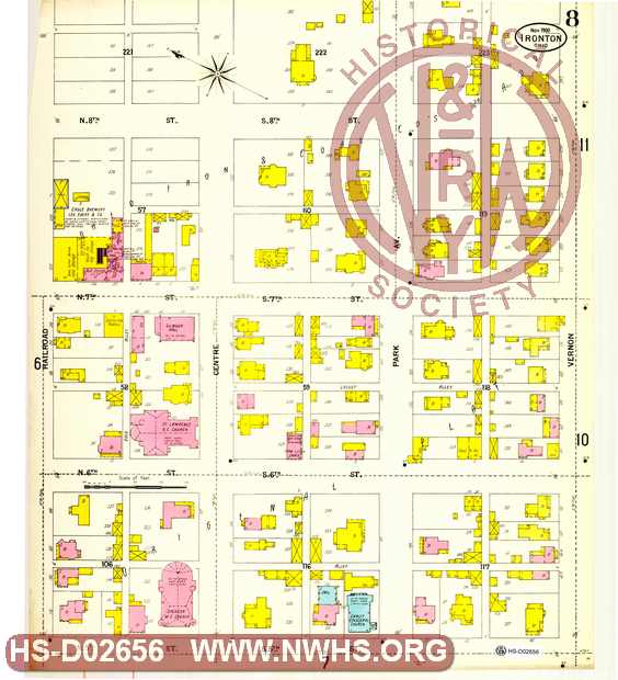 Map of Ironton, Oh showing lots, streets industries, railroads etc. 5th to 8th streets, Railroad to Vernon St,. page No. 8
