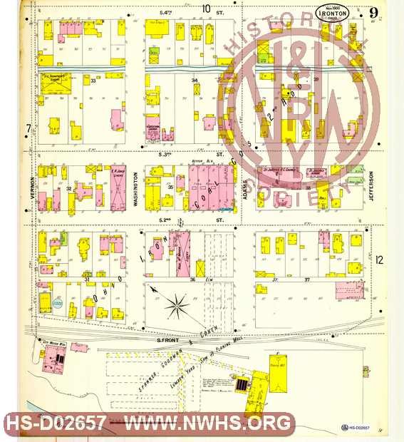 Map of Ironton, Oh showing lots, streets industries, railroads etc. South Front to 4th streets,Jefferson to Vernon St,. page No. 9