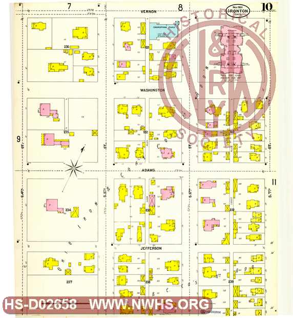 Map of Ironton, Oh showing lots, streets industries, railroads etc. South 7th to 4th streets,Jefferson to Washington St,. page No. 10