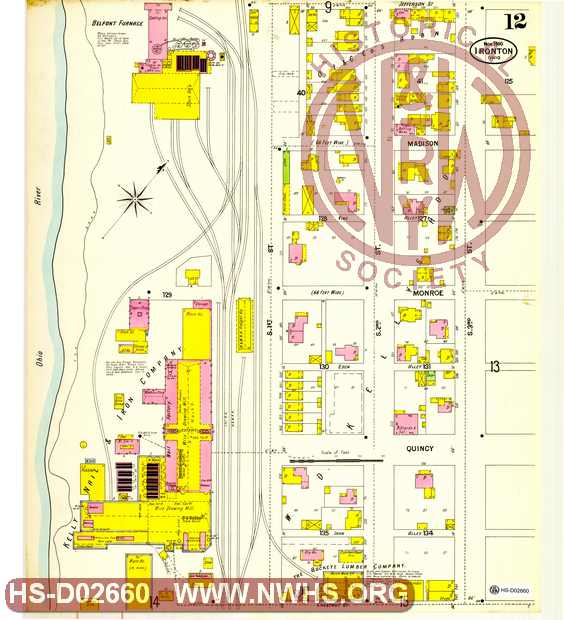 Map of Ironton, Oh showing lots, streets industries, railroads etc. South 1st to 9h streets, Chestnut to Madison St,. page No. 12