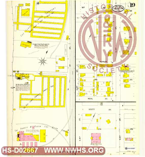 Map of Ironton, Oh showing lots, streets industries, railroads etc. South 4th to 5th streets, Oak to Scott St,. page No. 19