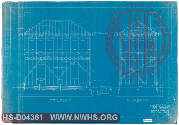 Framing & Elevations, CB&Q RR Interlocking Tower for Saxby & Farmer Machine, 36-40-44 & 48 Levers. Installed South of Virden, IL