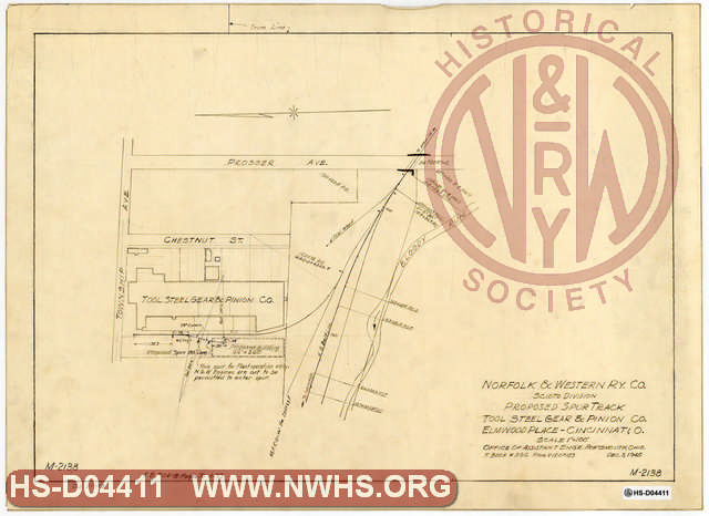 N&W Rwy Scioto Division, Proposed Spur Track, Tool Steel Gear & Pinion Co., Elmwood Place - Cincinnati, OH