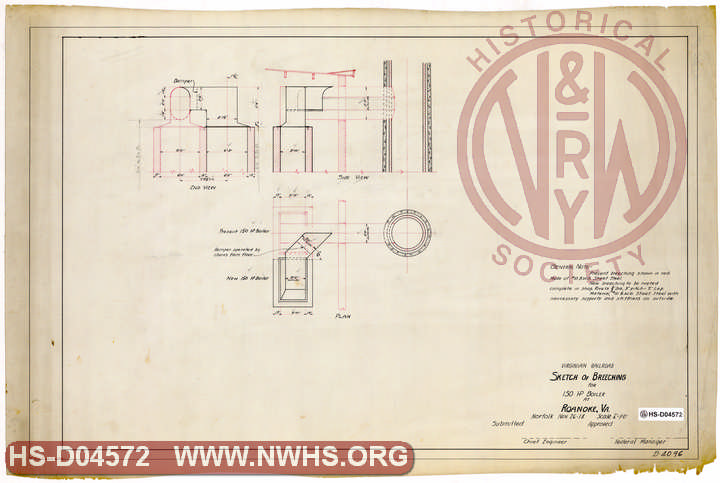 VGN, Sketch of Breeching for 150 HP Boiler at Roanoke, Va.