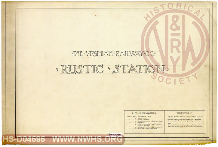 The Virginian Railway Co. RUSTIC STATION  - Title Page and List of Drawings.