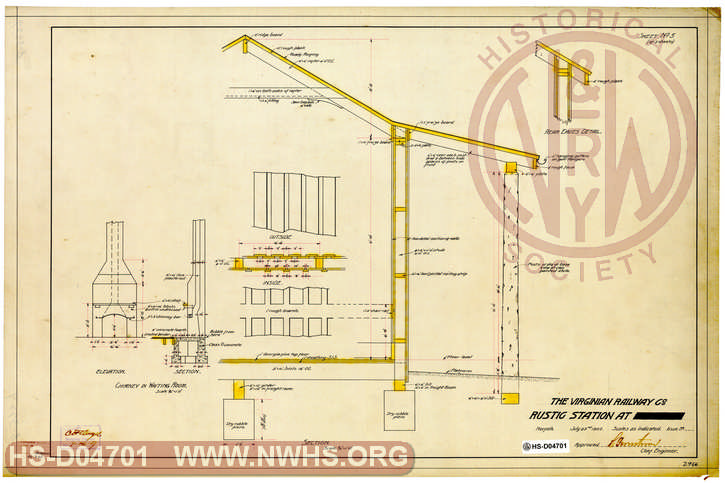 The Virginian Railway Co. RUSTIC STATION  at ____ - Sections, Details, Chimney in Waiting Room