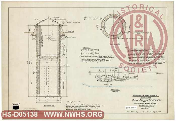 N&W Ry, Scioto Division, Plan of Proposed Concrete Well for Haverhill Water Supply, Haverhill, Ohio