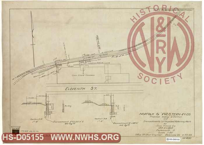 N&W Ry, Proposed Siding Extention and Encroachments of Proposed Retaining Walls for Ohio Stove Co MP 0+1835 Portsmouth, O.