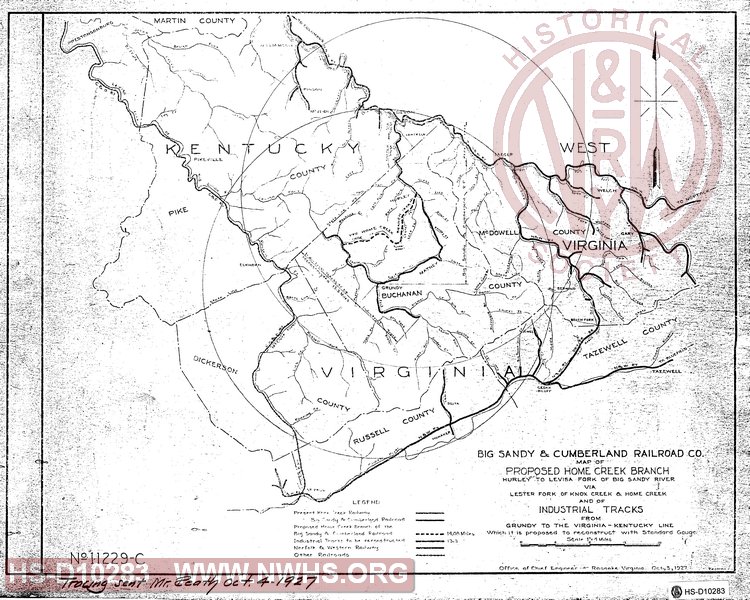 Big Sandy & Cumberland Railroad Co., Map of Proposed Home Creek Branch, Hurley to Levisa Fork of Big Sandy River via Lester Fork of Knox Creek & Home Creek an of Industrial tracks from Grundy to the VA/KY line