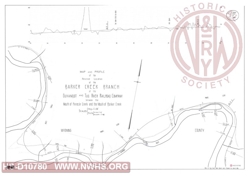 Map and Profile of the Revised Location of the Barker Creek Branch of the Guyandot and Tug River Railroad Company between the Mouth of Pinnacle Creek and the Mouth of Barker Creek