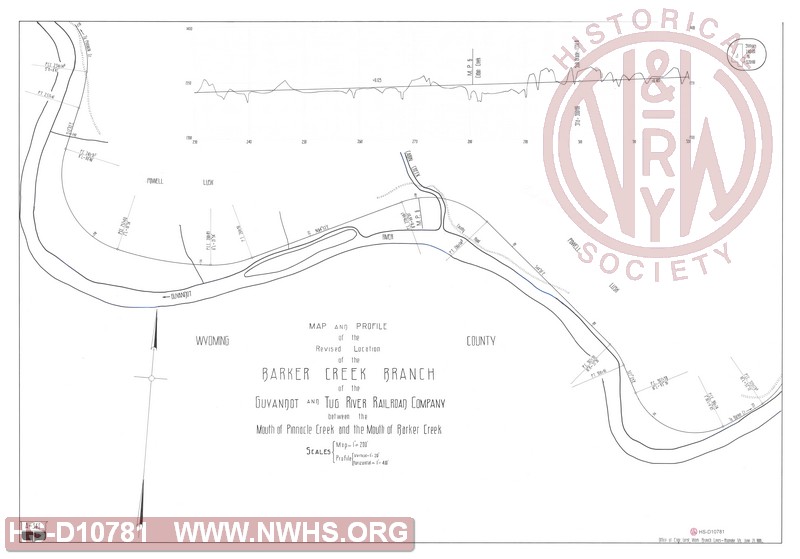 Map and Profile of the Revised Location of the Barker Creek Branch of the Guyandot and Tug River Railroad Company between the Mouth of Pinnacle Creek and the Mouth of Barker Creek