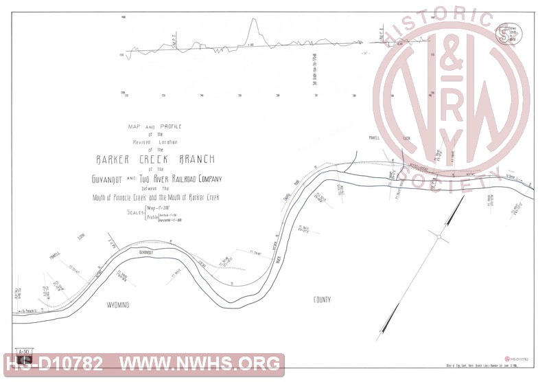 Map and Profile of the Revised Location of the Barker Creek Branch of the Guyandot and Tug River Railroad Company between the Mouth of Pinnacle Creek and the Mouth of Barker Creek