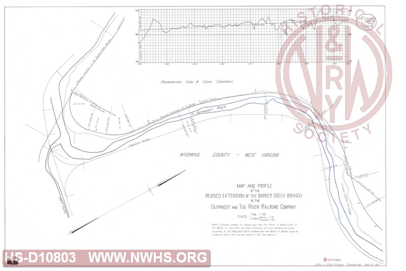 Map and Profile of the Revised Extension of the Barker Creek Branch of the Guyandot and Tug River Railroad Company