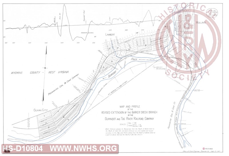 Map and Profile of the Revised Extension of the Barker Creek Branch of the Guyandot and Tug River Railroad Company