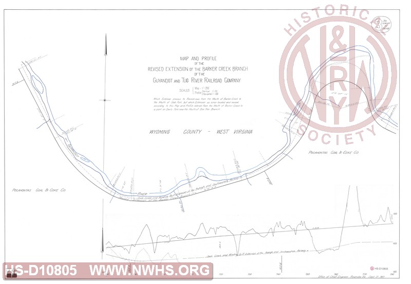 Map and Profile of the Revised Extension of the Barker Creek Branch of the Guyandot and Tug River Railroad Company