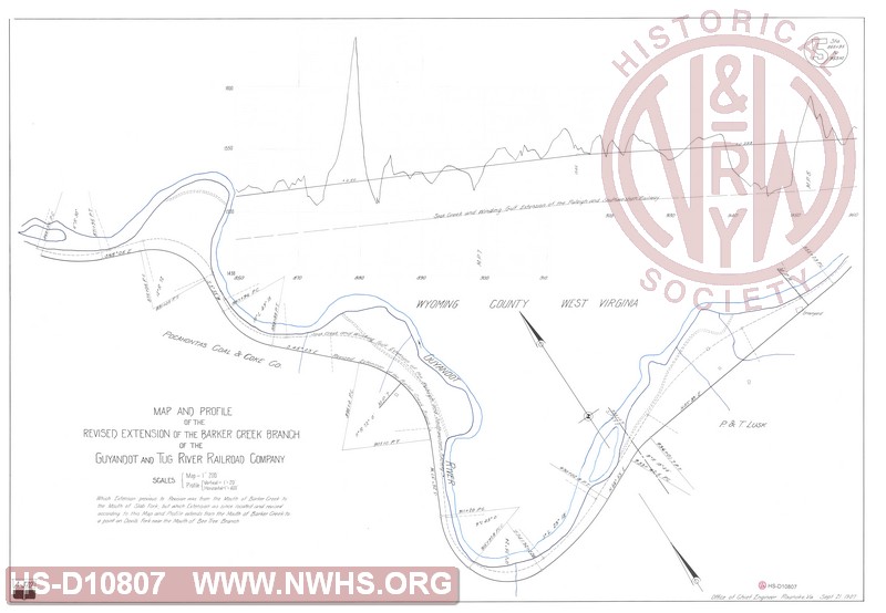 Map and Profile of the Revised Extension of the Barker Creek Branch of the Guyandot and Tug River Railroad Company