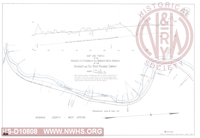 Map and Profile of the Revised Extension of the Barker Creek Branch of the Guyandot and Tug River Railroad Company