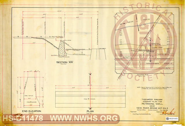 Tidewater Railway, Masonry plan for retaining wall near New River bridge MP 331.3