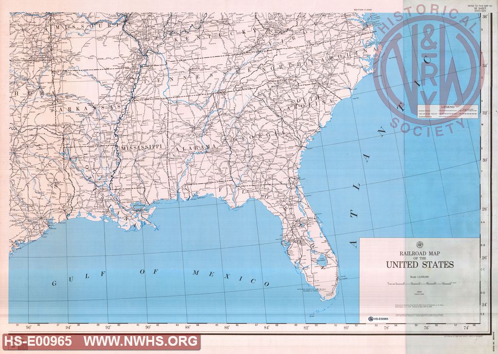 Railroad Map South East Section of USA, U. S. Army Corps of Engineers Revised April 1957