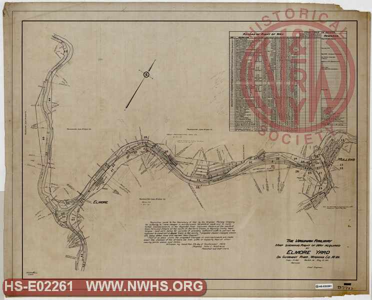 VGN Rwy, Map Showing Right of Way Acquired at Elmore Yard on Guyandot River, Wyoming County, WV