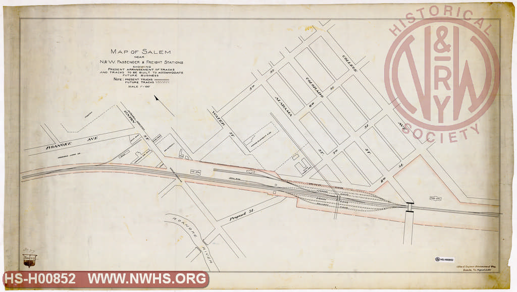 Map of Salem near N&W Passenger & Freight Stations showing present arrangement of tracks and tracks to be built to accommodate future business