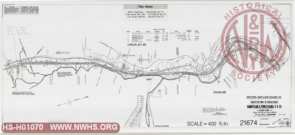 Western Maryland Railway, Right of Way and Track Map, Cumberland & Pennsylvania RR Co. (C&P Branch), Station 950+40 to Station 1056+00