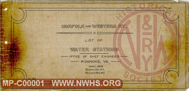 N&W Rwy, List of Water Stations, May 1909, Revised to  March 1912