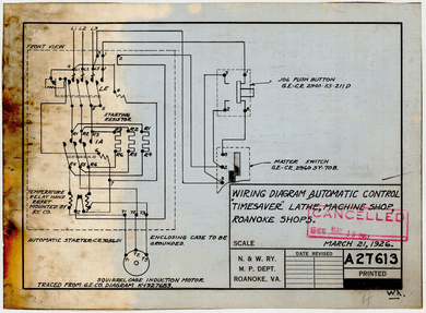 Wiring Diagram Automatic Control "Timesaver" Lathe, Machine Shop, Roanoke Shops