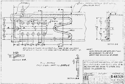 Application and detail of center sill patch, Box car class B1a, B16, B6, Box car nos 216000 to 217699 and 223000 to 223499 inc