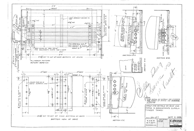 Arrangement and Details of Seat and Piping in Brakeman's Cupola Tender Tanks.