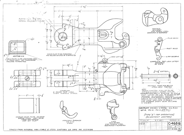 Coupler, Diesel Locos, Class GP-9, RS-3, RS-11, DE-RS (Type "E" - Top operating) (Alignment Control)