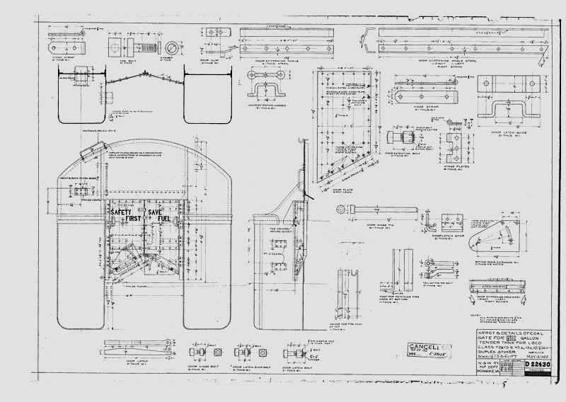 Arrangement & Details of Coal Gate for 15000, 16000, 18000 Gallon Tender Tank for Loco Class Y2a, Y3, K2a, Y3a, K3, Y3b, with Duplex Stoker