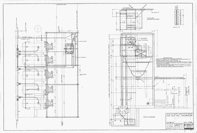 Plan and North Elevation of Boiler Room - Coach Yard - Portsmouth, Ohio.