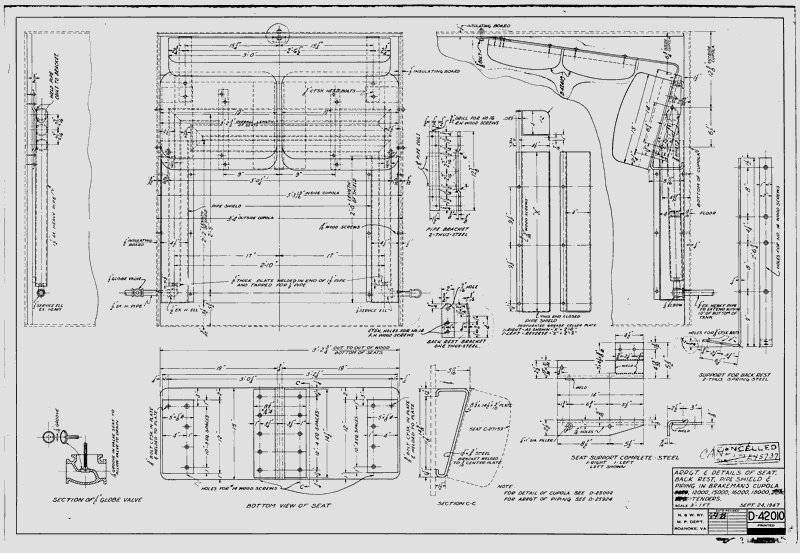 Arrangement and Details of Seat Back Rest Pipe Shield and Piping in Brakemans Cupola 9000, 12000, 15000, 16000, 18000 22A, 22B Tenders