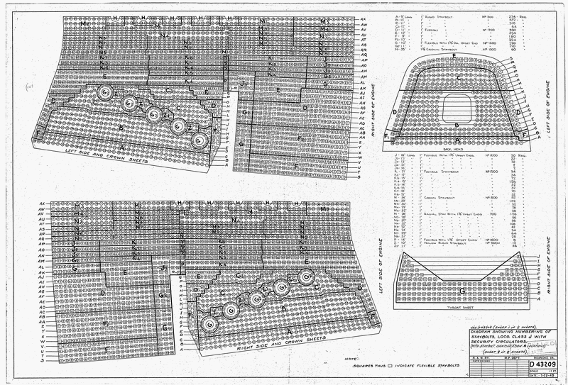 Diagram Showing Numbering of Staybolts, Loco. Class J with Security Circulators (with staybolt identification & locations) (Sheet 2 of 2 Sheets)