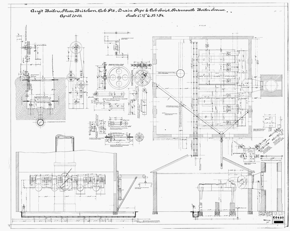 Arrangement Boilers, Flues, Ash Pit, Drain Pipe & Ash Hoist, Portsmouth Boiler House