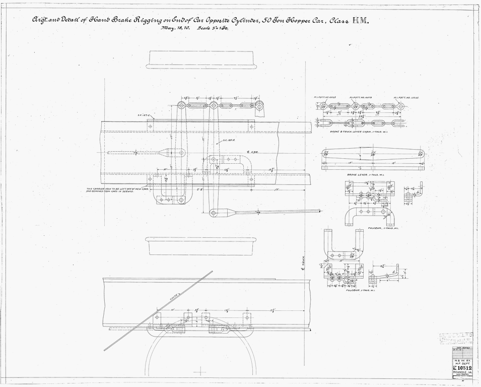 Arrangement and Detail of Hand Brake Rigging on End of Car Opposite Cylinder, 50 Ton Hopper Car, Class HM