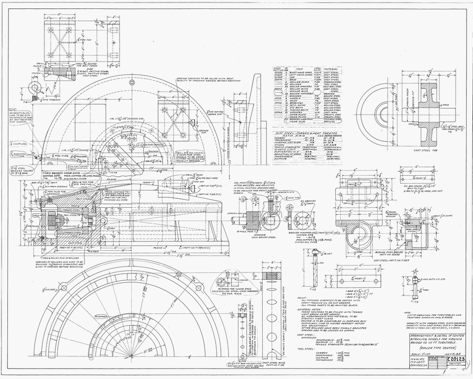 Arrangement and Details of Center & Trailing Wheels Applies to Virginia Bridge Co. 115 Ft. Turntable