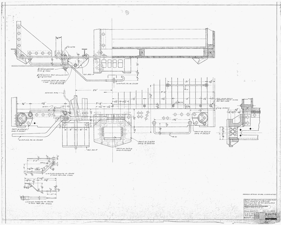 Arrangement of Uncoupling Lever, Push Pole Pocket, Striker Applies to 40 Ton Ventilated Box Car Class BJa, Cab Class C1