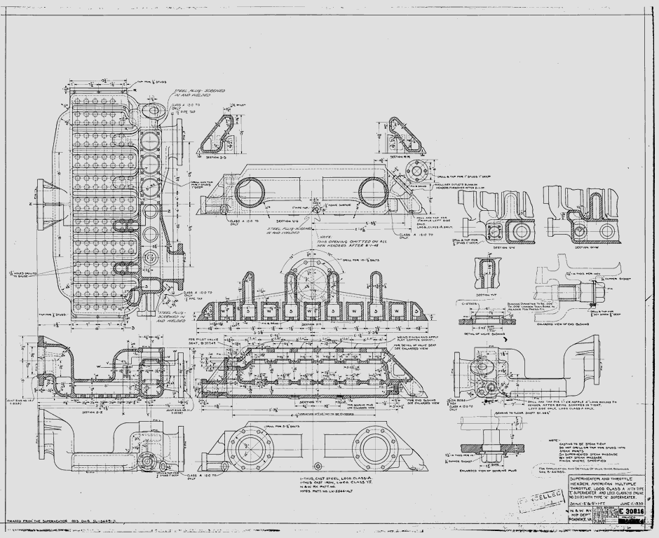 Superheater & Throttle Header, American Multiple Throttle, Loco. class A w/ type "E" superheater, and class Y5 #2110 w/ type "A"  superheater