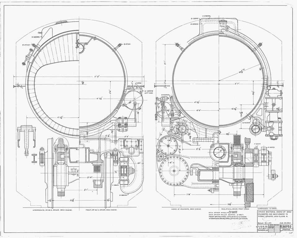 Cross Sections, Ahead of Back Cylinders and Back Engine to Middle Drivers, Loco. Class A