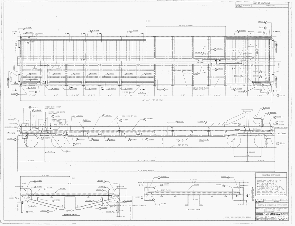 General and Underframe Arrangement Applies to Conversion of Southern Box Cars to TOFC Cars (155125-155999)