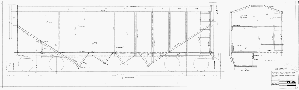 Diagram - 70 Ton Hopper Car with 4 Chute Hoppers and 4 Single Doors and 4 Wheel Truck