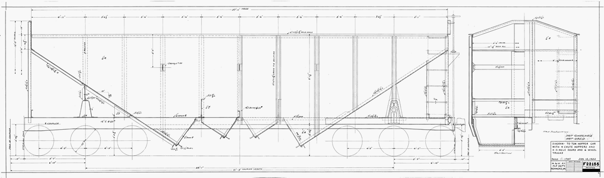 Diagram - 70 Ton Hopper Car with 4 chute hoppers and 4 single doors and 6 wheel trucks